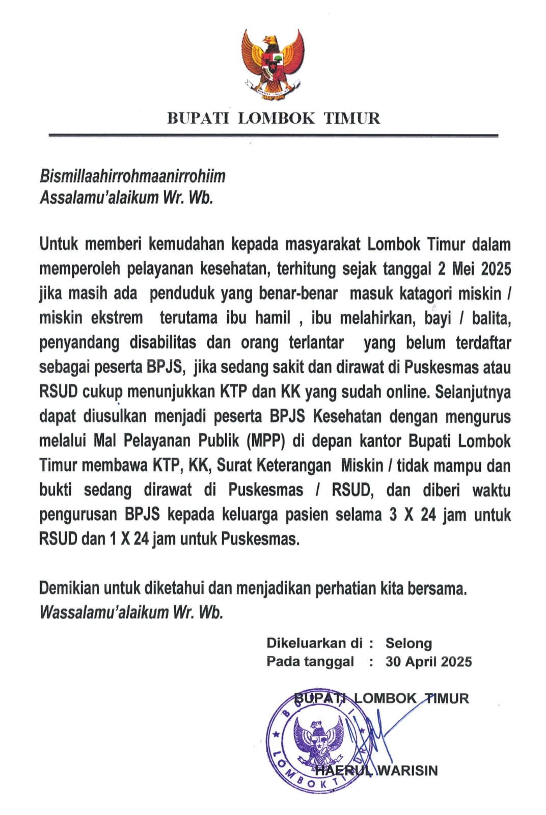 Kebijakan Bupati Lombok Timur Drs. H. Haerul Warisin